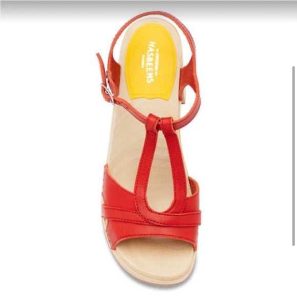 Swedish Hasbeens Red Leather Wooden Platform Sandals T-Strap Chunky Block Heel - Picture 14 of 16